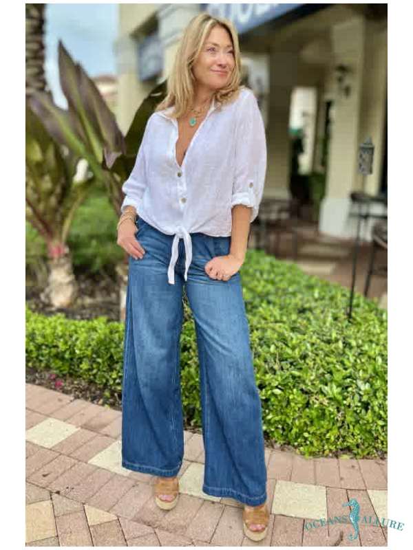 White Linen Tie Front Top