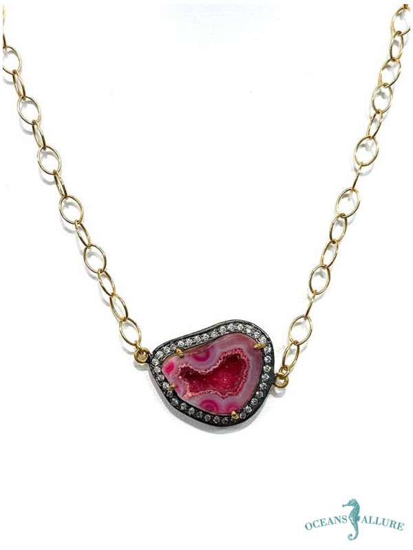 24KG Pave Diamond Fuchsia Druzy Pendant, GF Chain